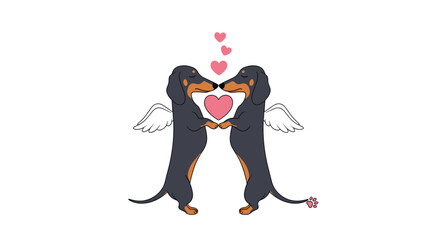 Two Dachshunds with Wings Holding a Heart in a Romantic Scene.