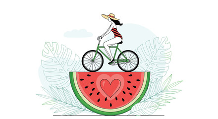 Woman rides bicycle on watermelon slice with heart.