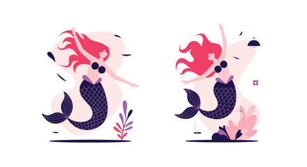 Mermaid illustrations with red hair and purple tail, artistic design.