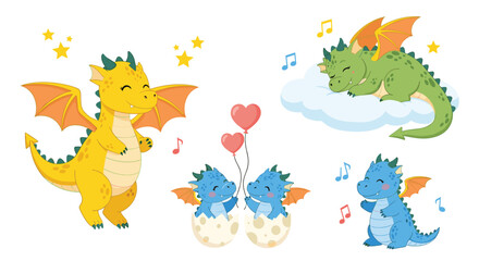 Cute Cartoon Dragons in Various Poses and Activities.