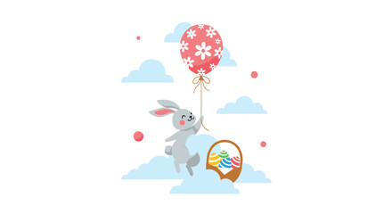 Easter bunny floating with balloon and basket in the sky.