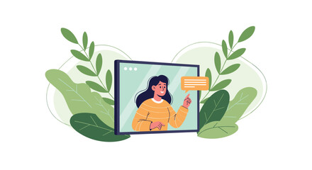 Woman in video call teaching online with leaves background.