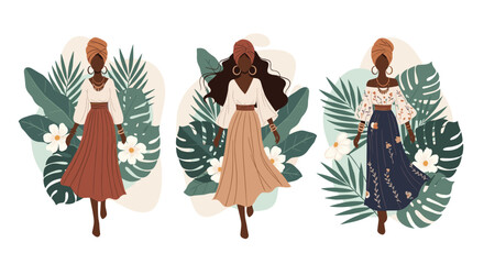 Three elegant women in stylish outfits with floral background.