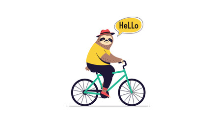 Sloth on a bicycle saying hello, wearing a hat.