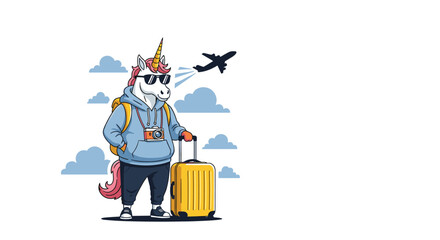 Unicorn traveler ready for adventure with luggage and plane.