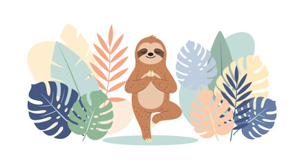 Cute Sloth Practicing Yoga Tree Pose Amidst Tropical Leaves.