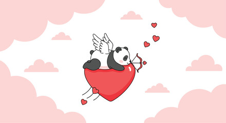 Cute Panda Cupid on a Heart Cloud with Arrows and Hearts.