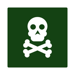White skull and crossbones symbol on a dark green square isolated on transparent background