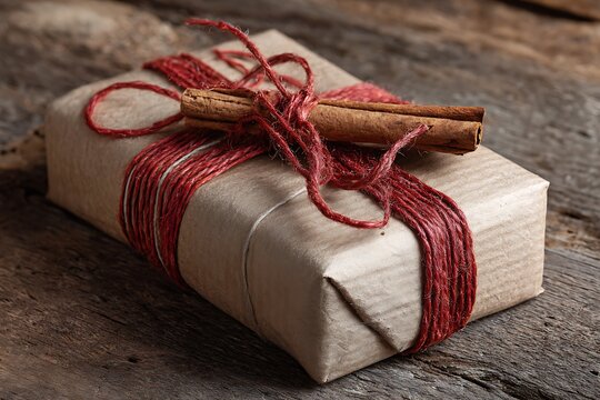 Christmas gift box with cinnamon sticks on wooden background, closeup - Powered by Adobe