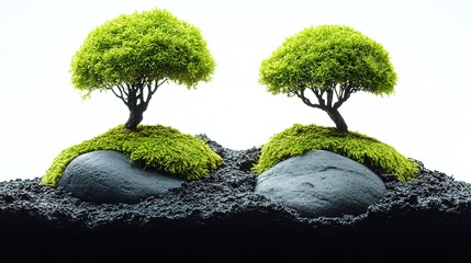 Two Miniature Trees on Moss - Covered Rocks against White Background