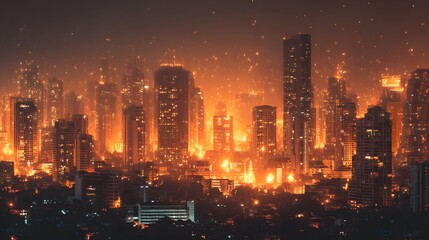 Dense metropolis skyline glows vibrantly under a dark night sky filled with scattered light specks