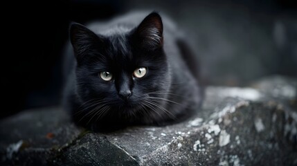 A mysterious black cat with luminous eyes rests on rough stone its gaze intense and captivating