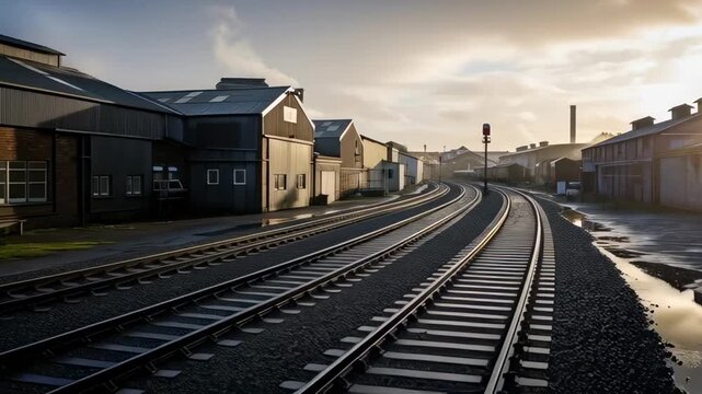 Industrial Dawn: Train Tracks Gleaming Under a Cloudy Sky