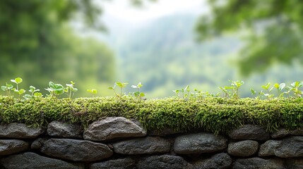 Stone Wall with Moss and Sprouting Green Plants in Natural Landscape