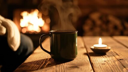 hands in warm knitted mittens holding mug with hot drink by candle. cozy christmas and new year celebration. winter holiday concept with copy space. greeting card.