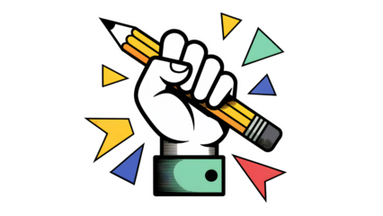 A cartoon image of a hand holding a pencil with colorful triangles design art on transparent background