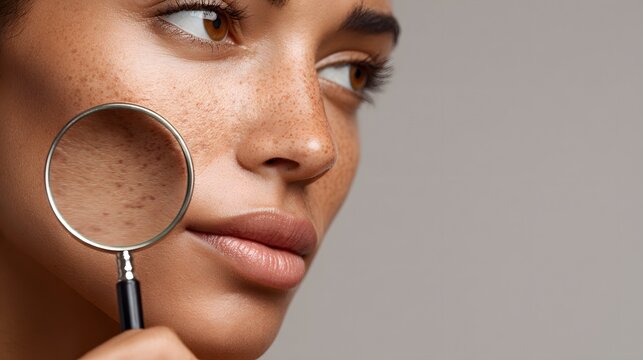 Woman examines facial skin pigmentation and texture using a magnifying glass