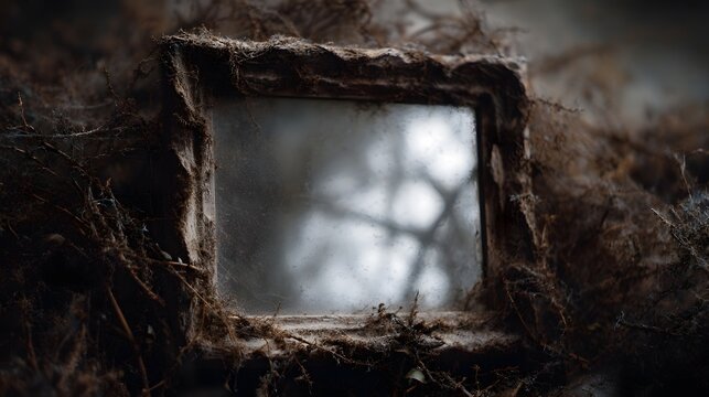 An old dusty mirror overgrown with cobwebs and vines reflects a ghostly image of branches against a pale sky