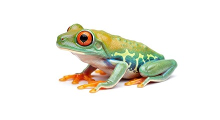 Naklejka premium Vibrant tree frog, green skin, orange eyes, isolated on white backdrop
