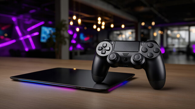Detailed view of gaming controller and tablet in modern setting