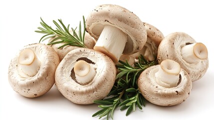 Fresh White Button Mushrooms with Rosemary Herb on White Background