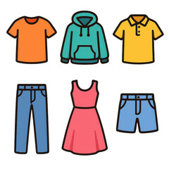 Naklejka premium Colorful Clothing Collection with T-Shirt, Hoodie, Dress, and Shorts
