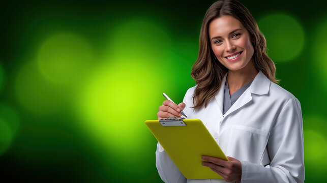 Healthcare professional smiling while taking notes in the laboratory