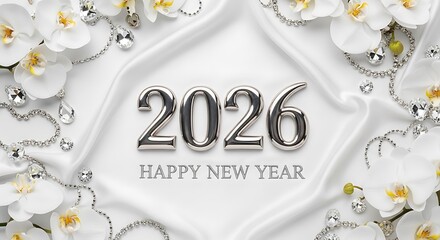 Elegant 2026 Happy New Year with White Orchids and Diamonds on Silk