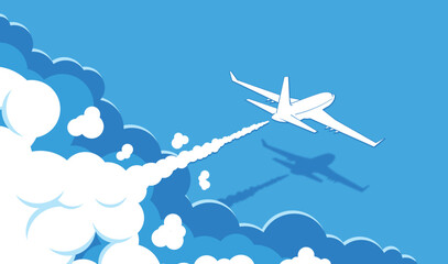 Airplane in blue sky takes off from clouds leaving trail behind. Illustration, editable vector template for webpage header. © Kiselov