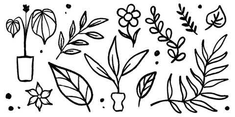 Hand drawn flower plant scribble vector collection. Abstract flowers and leaves are made with rough black ink brush strokes