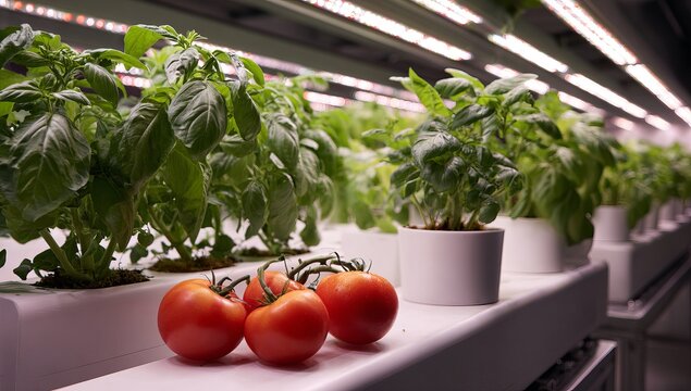 Photo of an indoor farm with different plants growing in white rectangular pots, tomatoes and basil in the foreground, inside a futuristic vertical food production facility.
