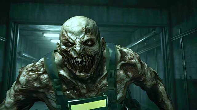 Scary zombie creature with glowing eyes and sharp teeth roaring and attacking in a dark, creepy hallway. A frightening mutant monster with decayed skin hunts its prey in an apocalyptic setting