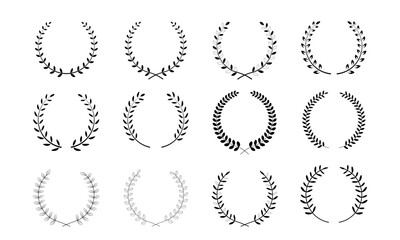 Laurel Wreath Icon Set - Black Laurel Leaves, Award and Victory Symbol, Vector Illustration