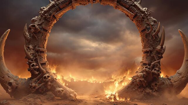An ancient circular portal framed by scorched stone glows through smoke and sparks, suggesting a gateway to another realm, mystery, time travel and high fantasy adventure concept