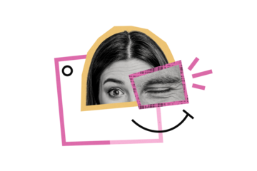 Composite photo collage of female male eyes wink parts surgery operation segment poster bipolar syndrome isolated on painted background
