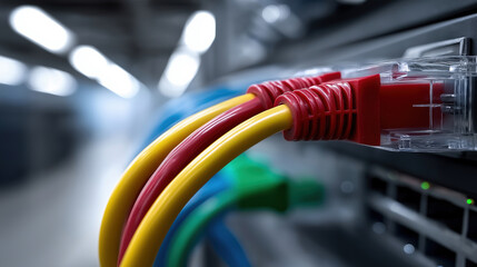 Network cables connected to server equipment in a data center