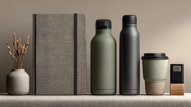 Collection of corporate gift items featuring a notebook, bottles, coffee cup, and USB drive