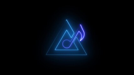 Glowing neon music icon fast colorful flicker winking animation. Melody sound, musical note, music track, audio podcast, song, disco party and design on black background.