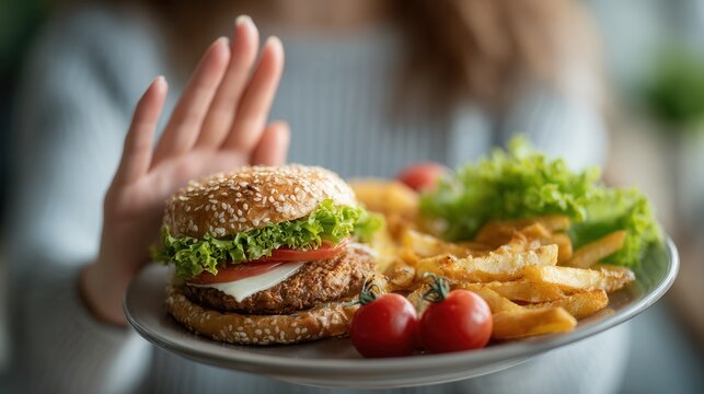 Young woman refusing unhealthy fast food plate, showing hand gesture
