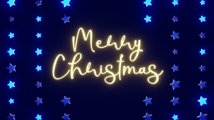 Horizontal 3d Merry Christmas lettering script typography New Year stars electric luminous navy blue butter yellow twinkle glow neon light shining sparkle dark night sky background cosmic galaxy frame