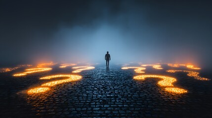 Solitary figure stands before many glowing symbols marking a mysterious, fog-covered path.