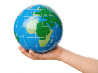 A hand holds a colorful globe depicting continents and oceans, symbolizing global awareness and connection.