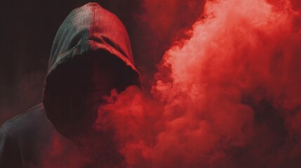 Figure wearing a hooded garment enveloped by vibrant red smoke against a dark backdrop