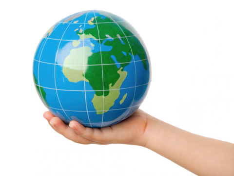 A hand holds a colorful globe depicting continents and oceans, symbolizing global awareness and connection.