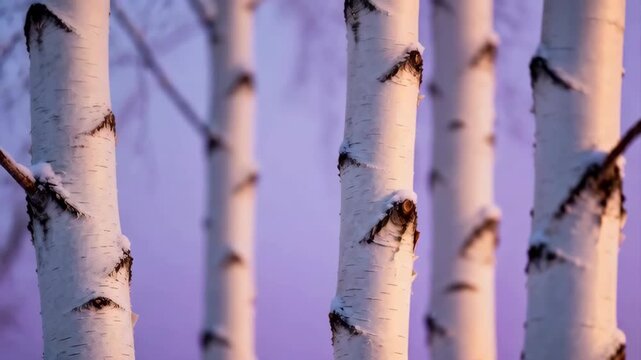 Close Up of Snow Covered Birch Tree Trunks in Soft Purple Hazy Light During Winter Sunset with Subtle Sun Flare