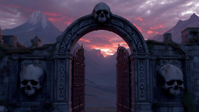 A dark gothic arch with carved skulls stands at sunset, stone eroded by time and ash, evoking death, memory and the thin border between worlds in a moody fantasy concept