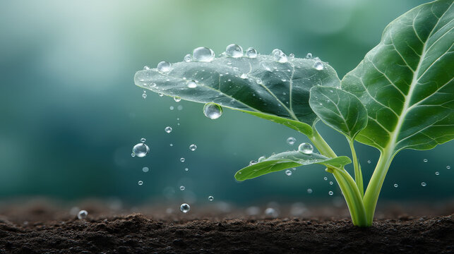 Dew drops on young leaf with falling droplets and fresh soil nurturing growth, serene natural close up with soft bokeh