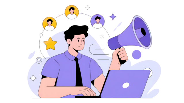 Man with laptop and megaphone promoting network connection with yellow stars and purple shapes on transparent background