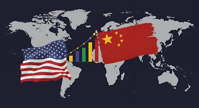 United States and China Flags on World Map with Growth Charts in Transparent Background