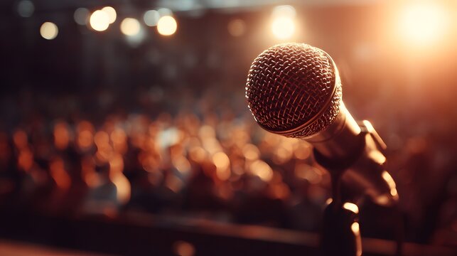 Close up of a dynamic microphone positioned center stage before an illuminated audience